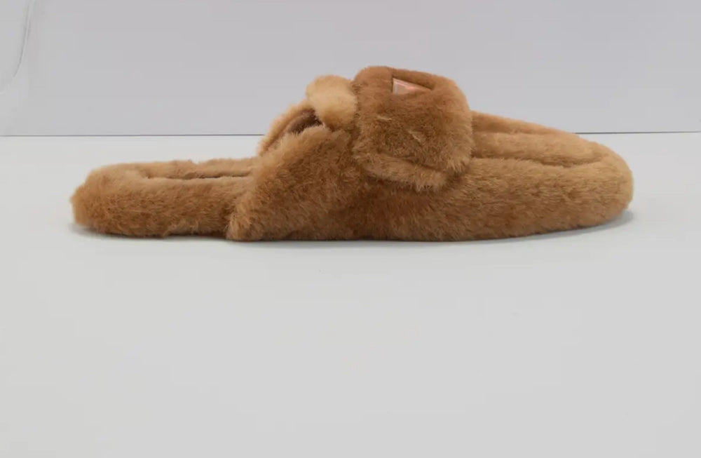 Faux flur Slip-On Slipper Khaki color